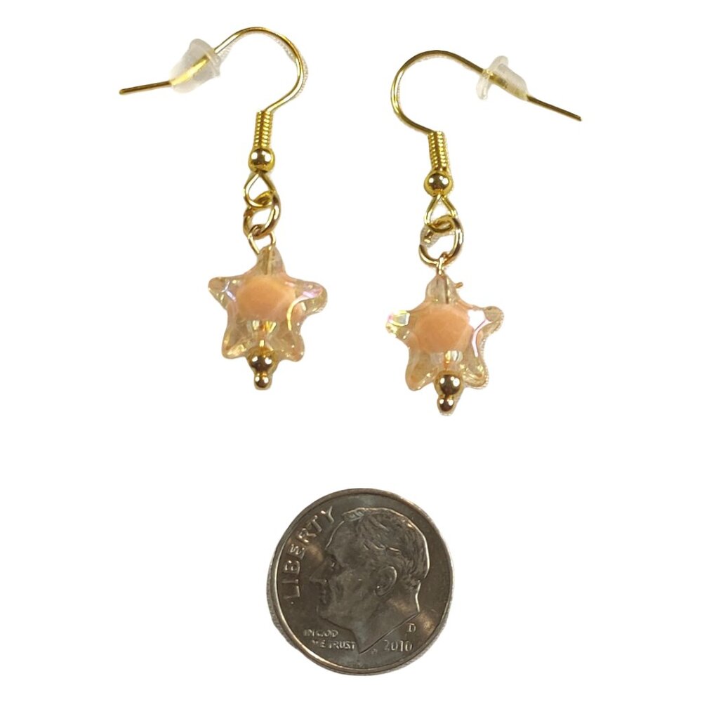 NEW Handmade/Homemade Pastel Orange Bead in Clear Star on Gold Drop Earrings - Picture 3 of 3